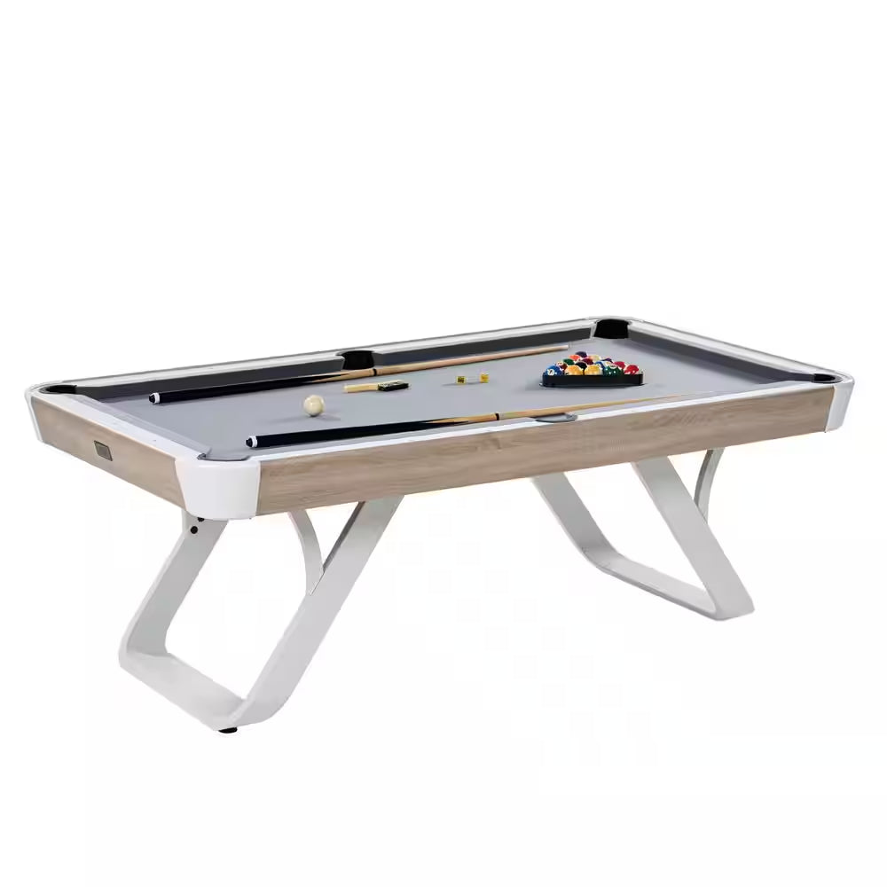 Camden 7 Ft. Pool Table with Modern White Metal Legs, Wood Grain Finish, Velvet Playfield, Complete Accessories Set