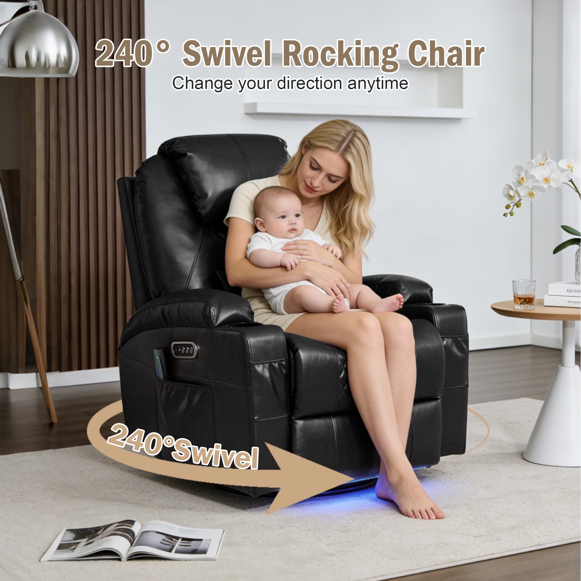 Power Rocker Recliner Chair with Heat and Massage, 240° Swivel Recliner Chair with Lumbar Pillow/Cup Holder/Led Lights/Usb Ports, Black