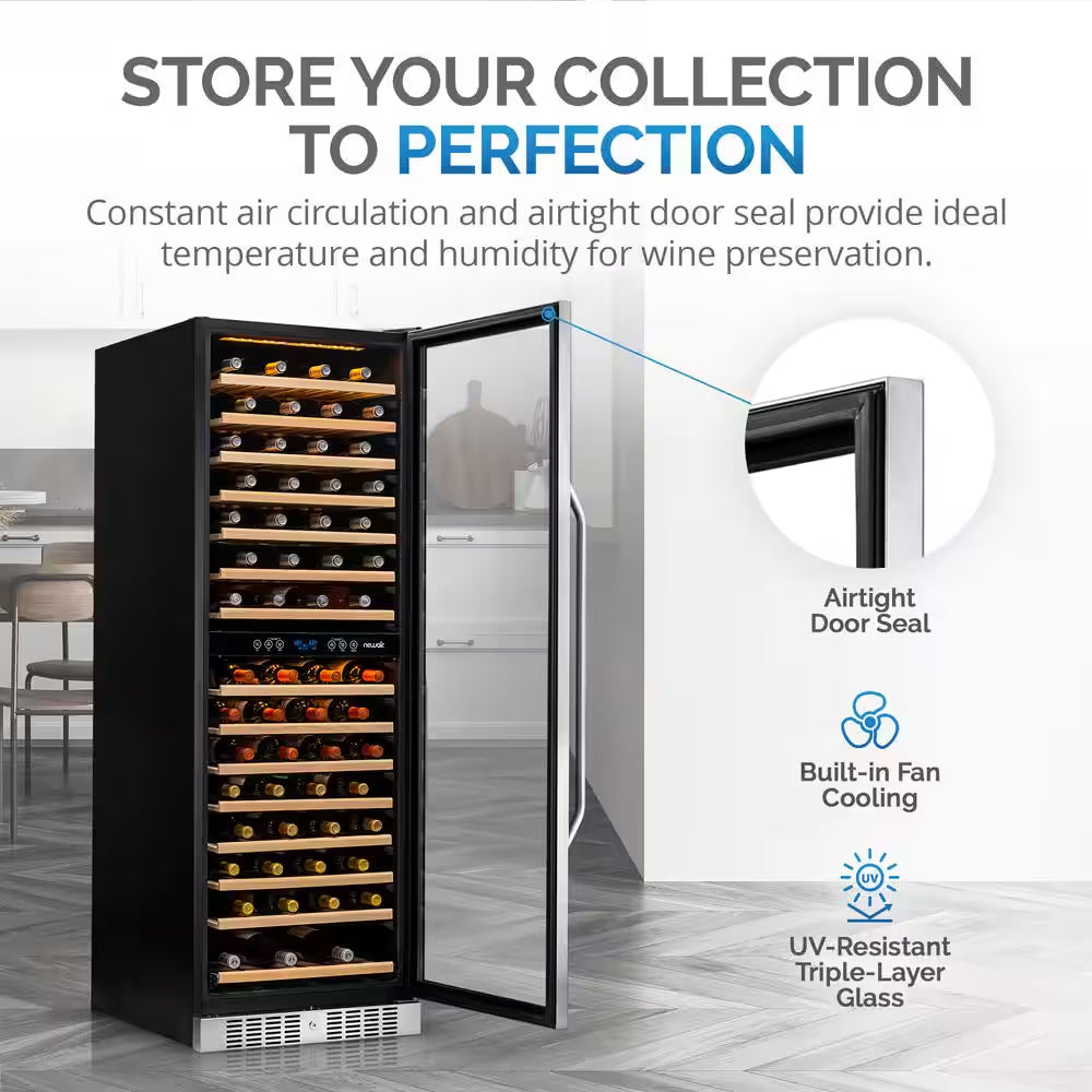 Dual Zone 160-Bottle Built-In Wine Cooler Fridge with Smooth Rolling Shelves and Quiet Operation - Stainless Steel
