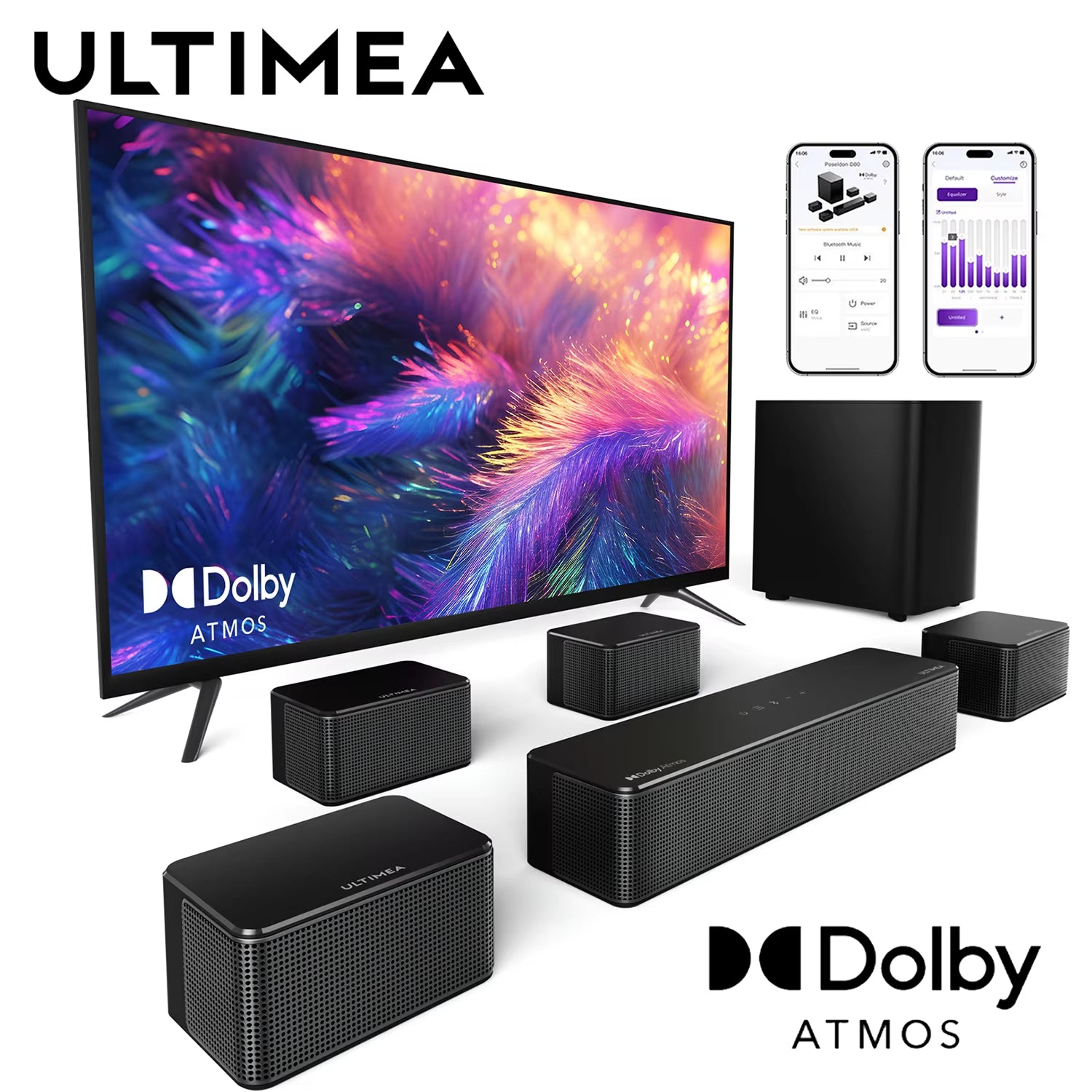 Poseidon D80 7.1 Surround Soundbar with Dolby Atmos, Wireless Subwoofer&4 Speakers, Home Theater System with APP Control