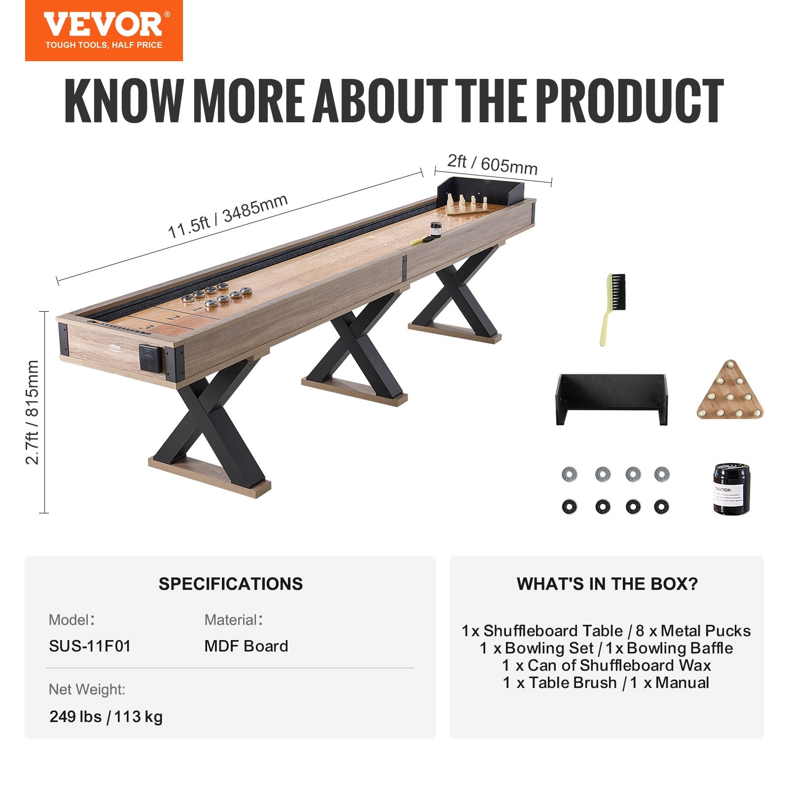 VEVOR 11.5 Ft Shuffleboard Table 2 in 1 Shuffleboard and Bowling Combo Game Set