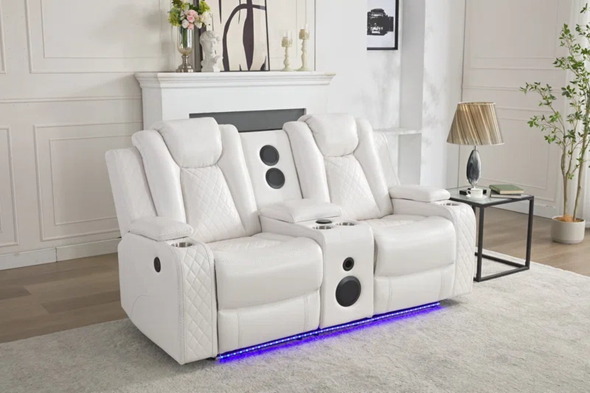 Leather Power Loveseat Recliner Couch with Bass Speakers and LED Lights