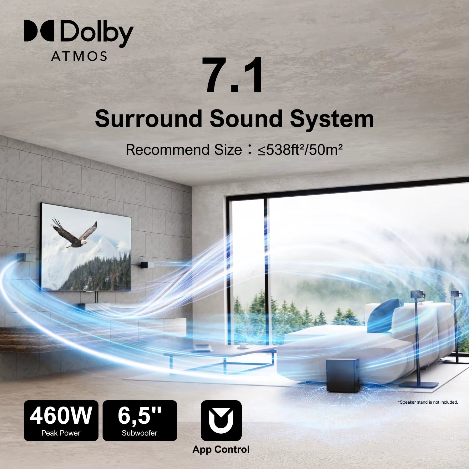 Poseidon D80 7.1 Surround Soundbar with Dolby Atmos, Wireless Subwoofer&4 Speakers, Home Theater System with APP Control