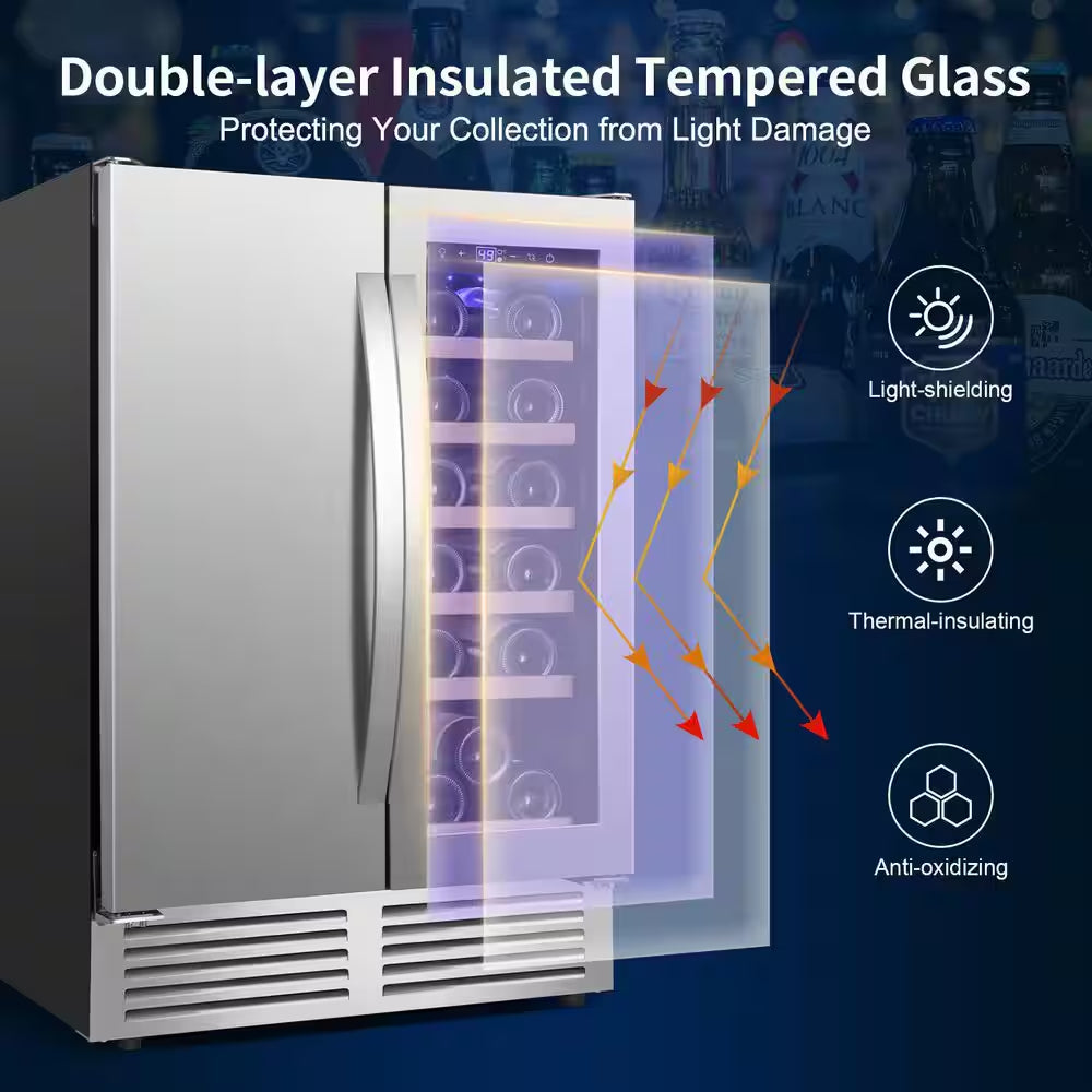 24 In. Built-In Dual Zone 18 Bottle and 80 Can Wine and Beverage Cooler with Four Door Handles Wine Fridge in Silver