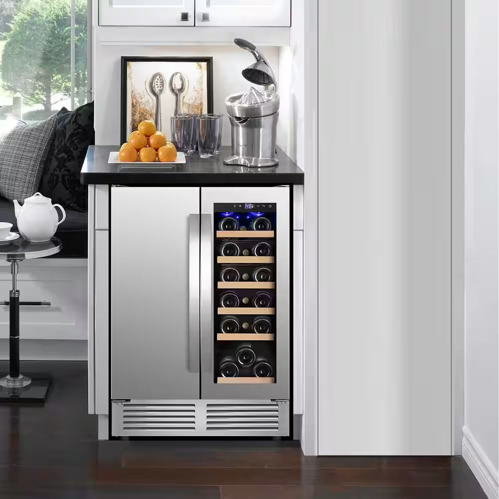 24 In. Built-In Dual Zone 18 Bottle and 80 Can Wine and Beverage Cooler with Four Door Handles Wine Fridge in Silver