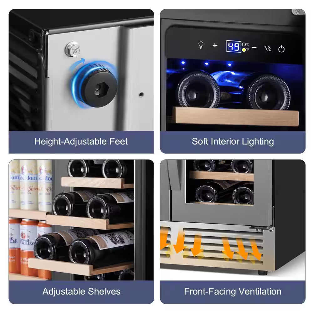24 In. Built-In Dual Zone 18 Bottle and 80 Can Wine and Beverage Cooler with Four Door Handles Wine Fridge in Silver