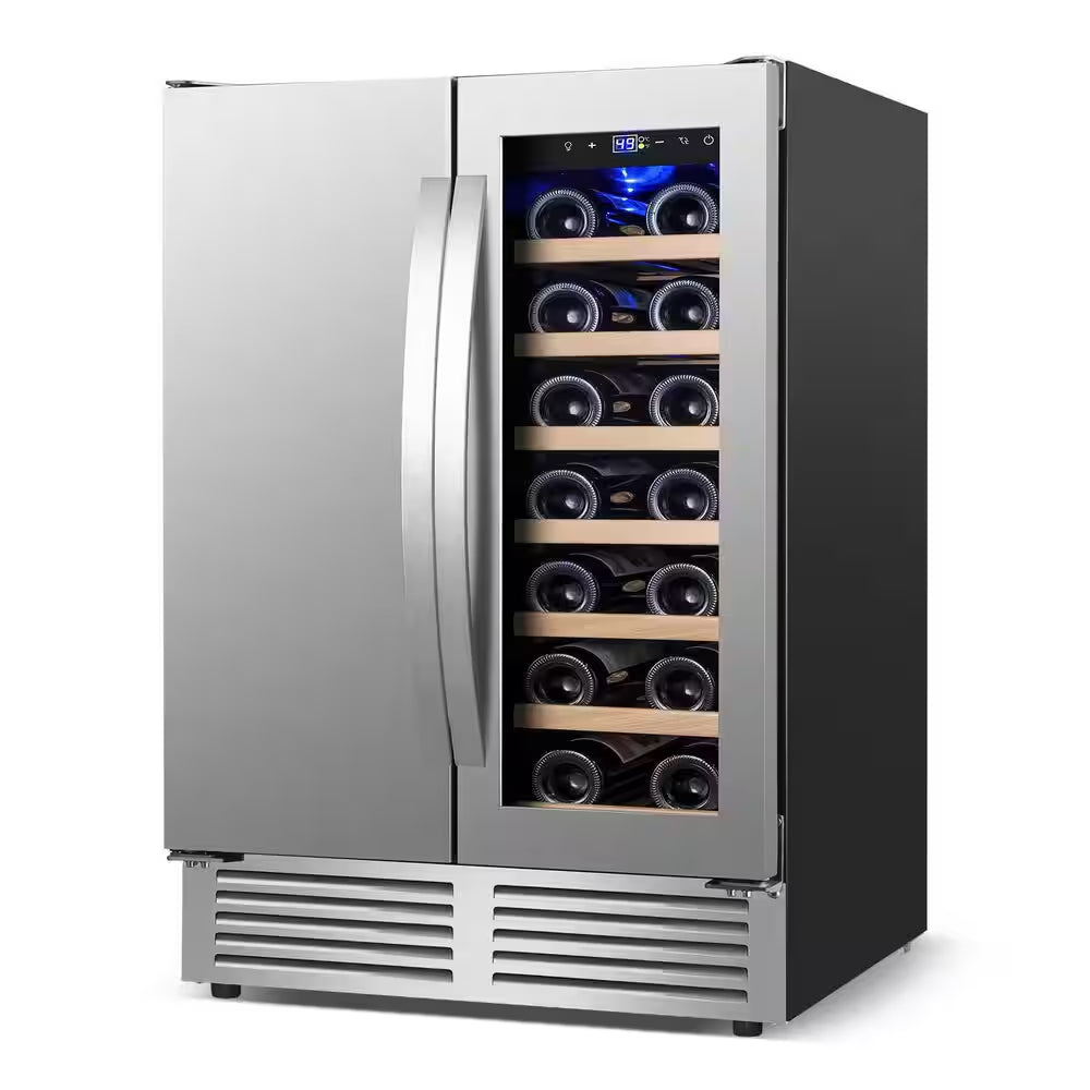 24 In. Built-In Dual Zone 18 Bottle and 80 Can Wine and Beverage Cooler with Four Door Handles Wine Fridge in Silver