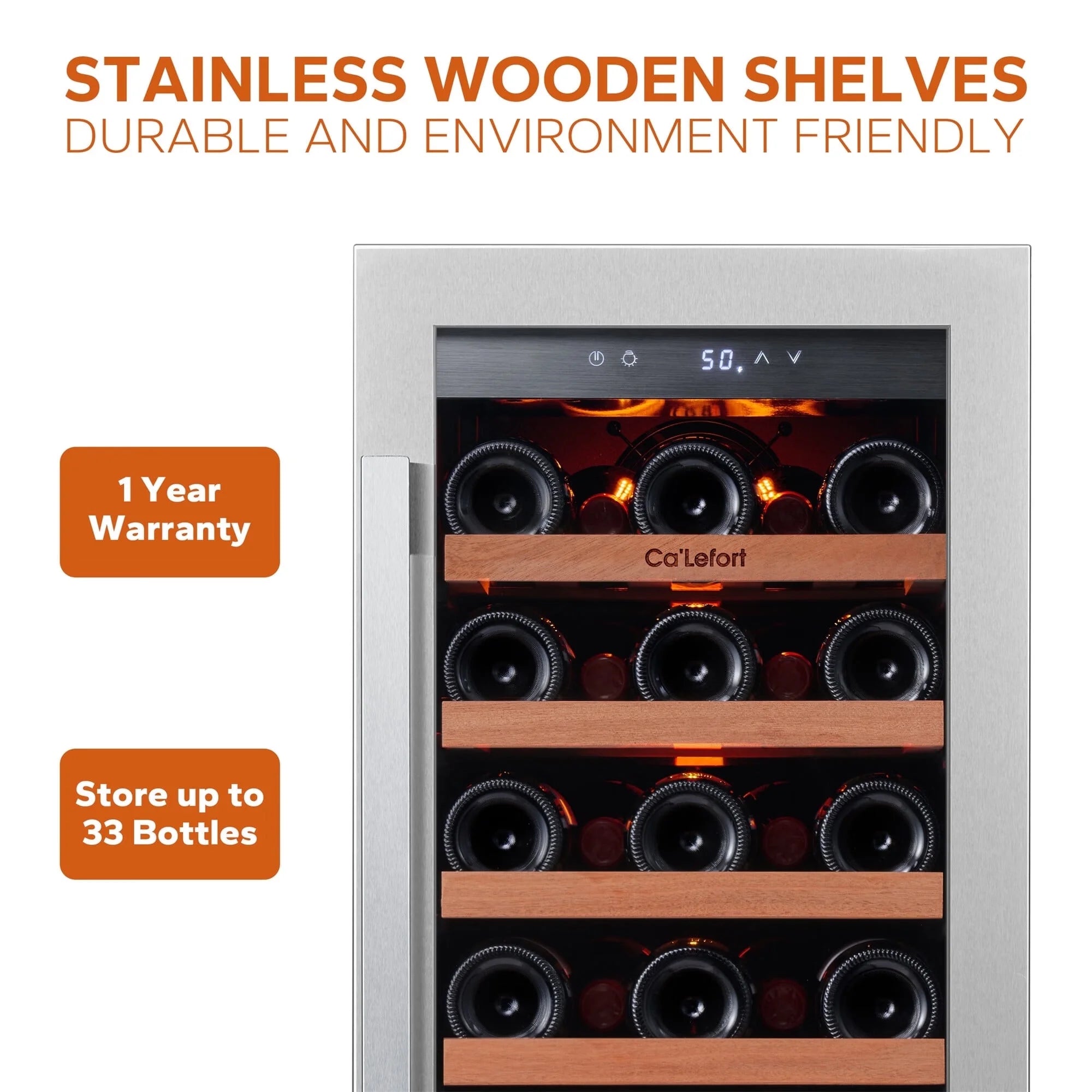 15 Inch Wine Cooler Refrigerator, 33 Bottle Wine Fridge with Glass Door Built-In & Freestanding Wine Cooler for Home/Office