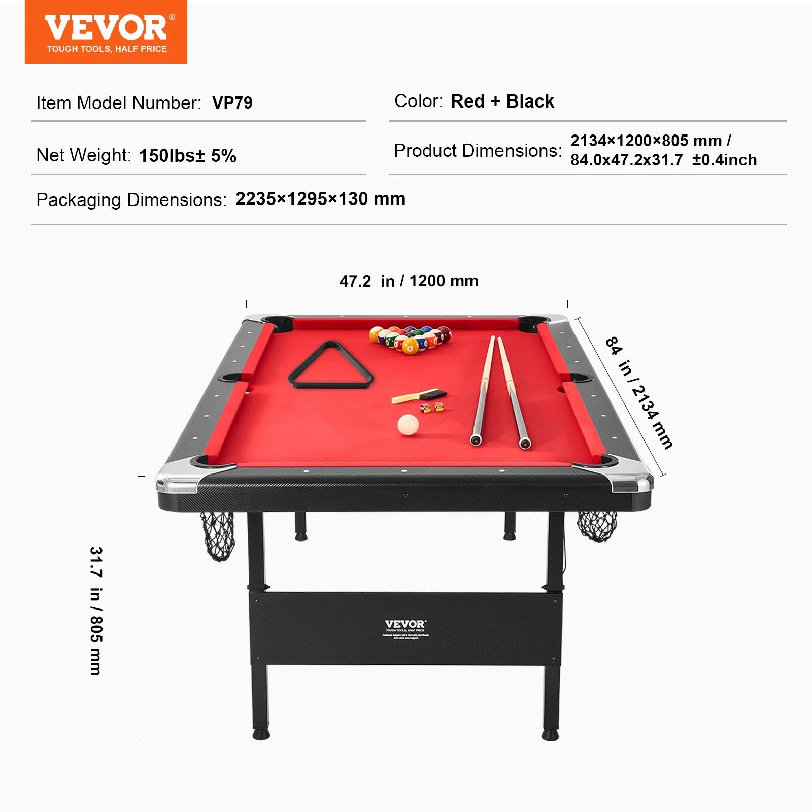 Billiards Table, 7 Ft Pool Table, Portable Foldable Space-Saving Table, Billiard Table Set Includes Balls, Cues, Chalks and Brush, Black with Red Cloth, Perfect for Family Game Room Kids Adults