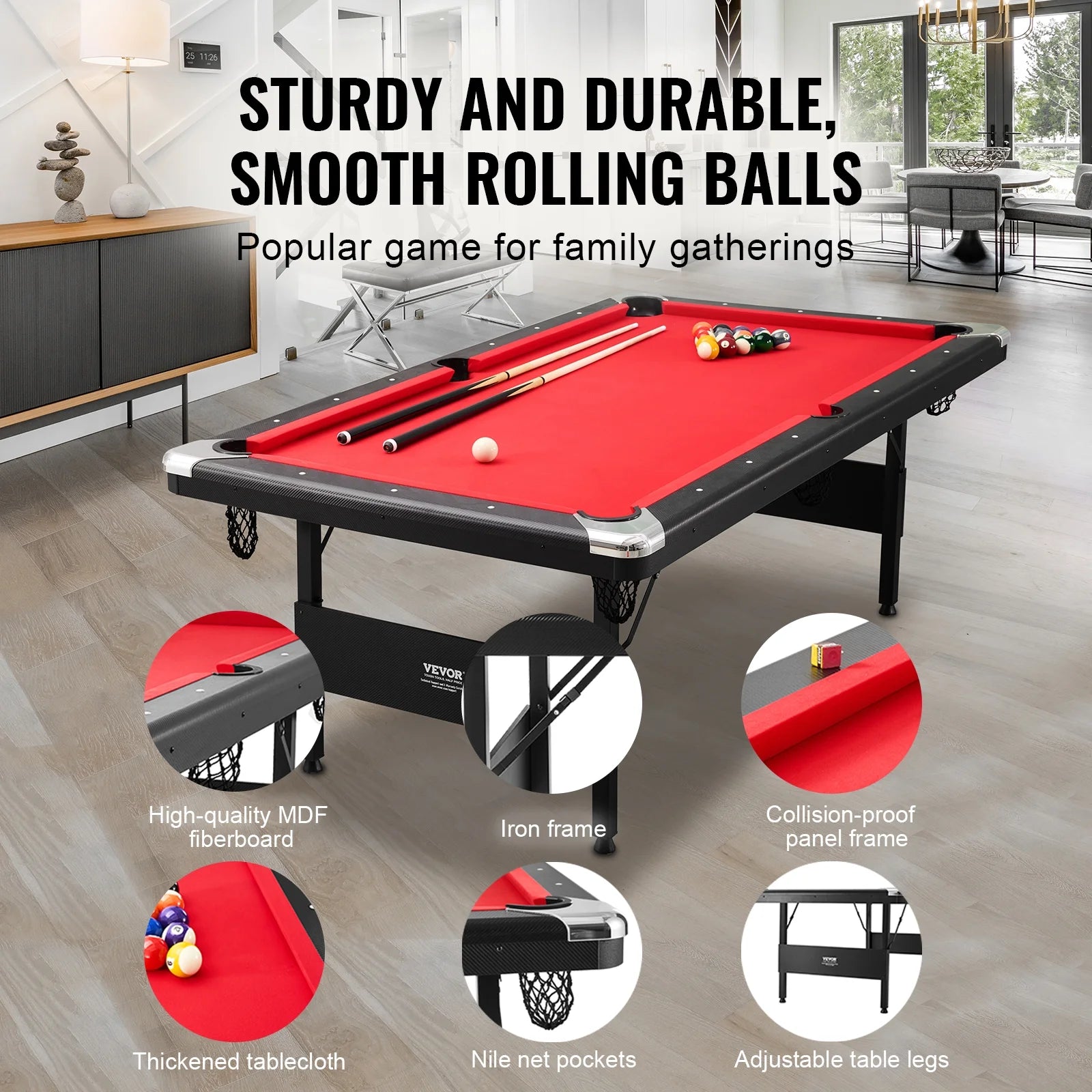 Billiards Table, 7 Ft Pool Table, Portable Foldable Space-Saving Table, Billiard Table Set Includes Balls, Cues, Chalks and Brush, Black with Red Cloth, Perfect for Family Game Room Kids Adults