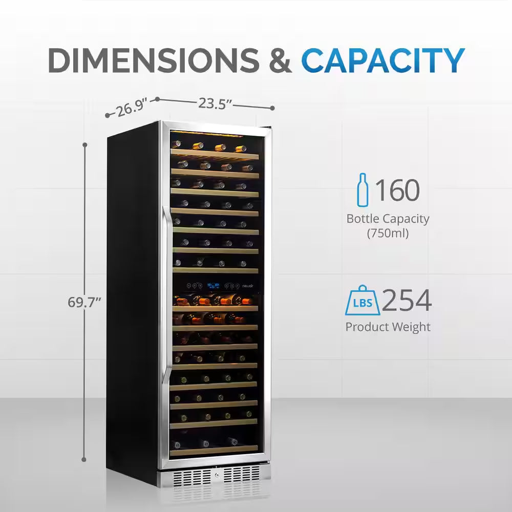Dual Zone 160-Bottle Built-In Wine Cooler Fridge with Smooth Rolling Shelves and Quiet Operation - Stainless Steel