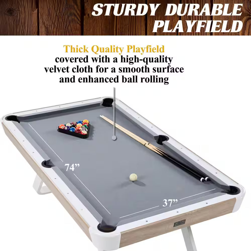 Camden 7 Ft. Pool Table with Modern White Metal Legs, Wood Grain Finish, Velvet Playfield, Complete Accessories Set