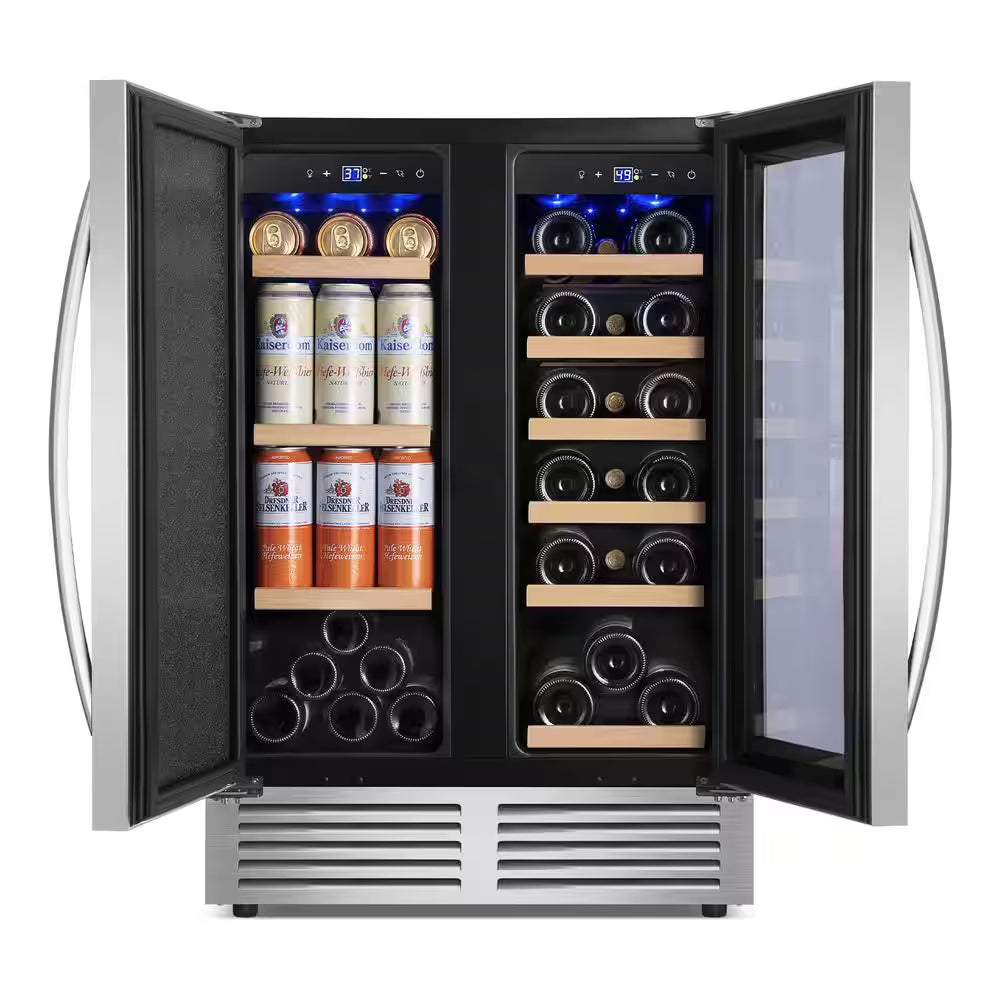 24 In. Built-In Dual Zone 18 Bottle and 80 Can Wine and Beverage Cooler with Four Door Handles Wine Fridge in Silver