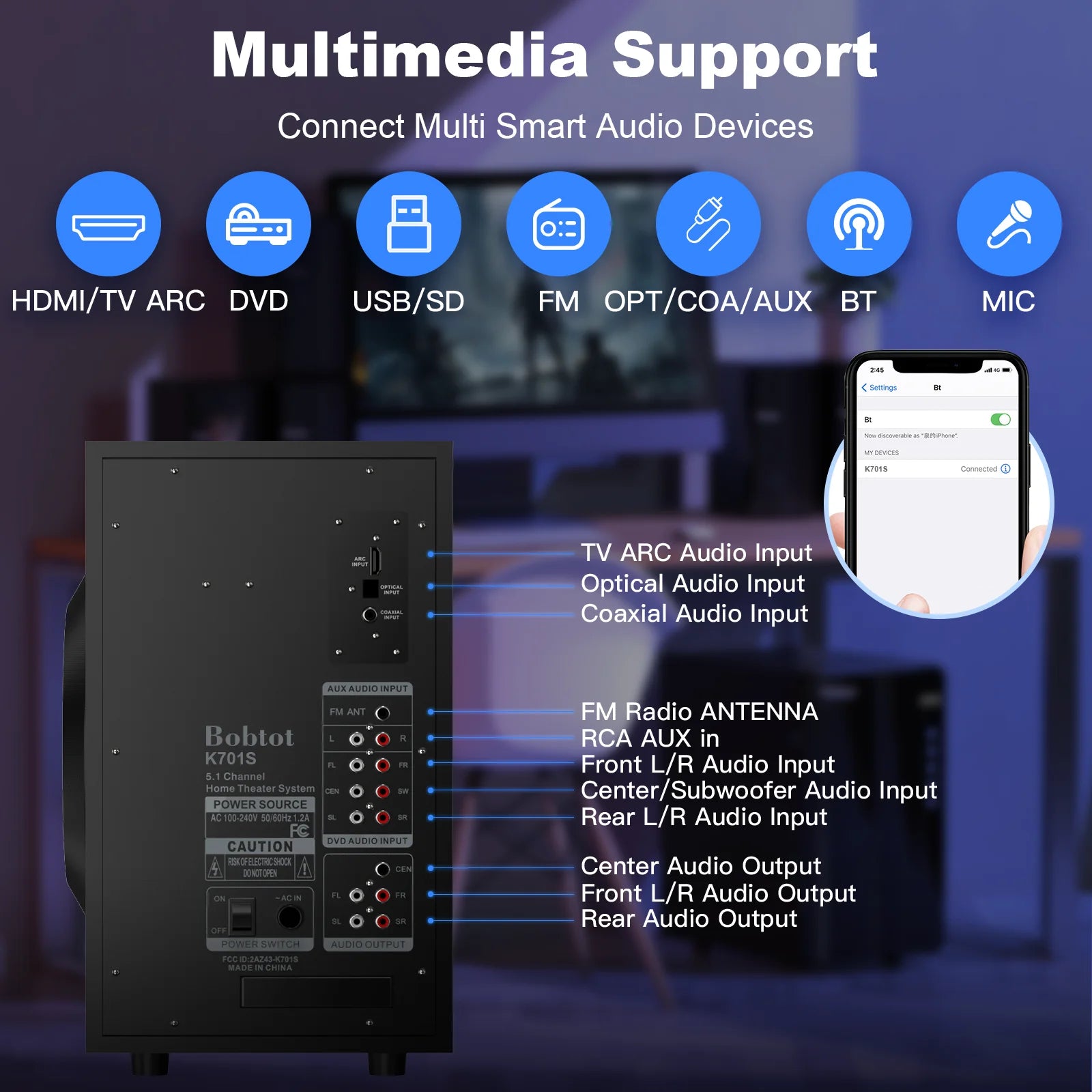 Surround Sound Systems Home Theater System - 800 Watts Peak Power 6.5" Subwoofer 5.1/2.1 Wired Stereo Speakers
