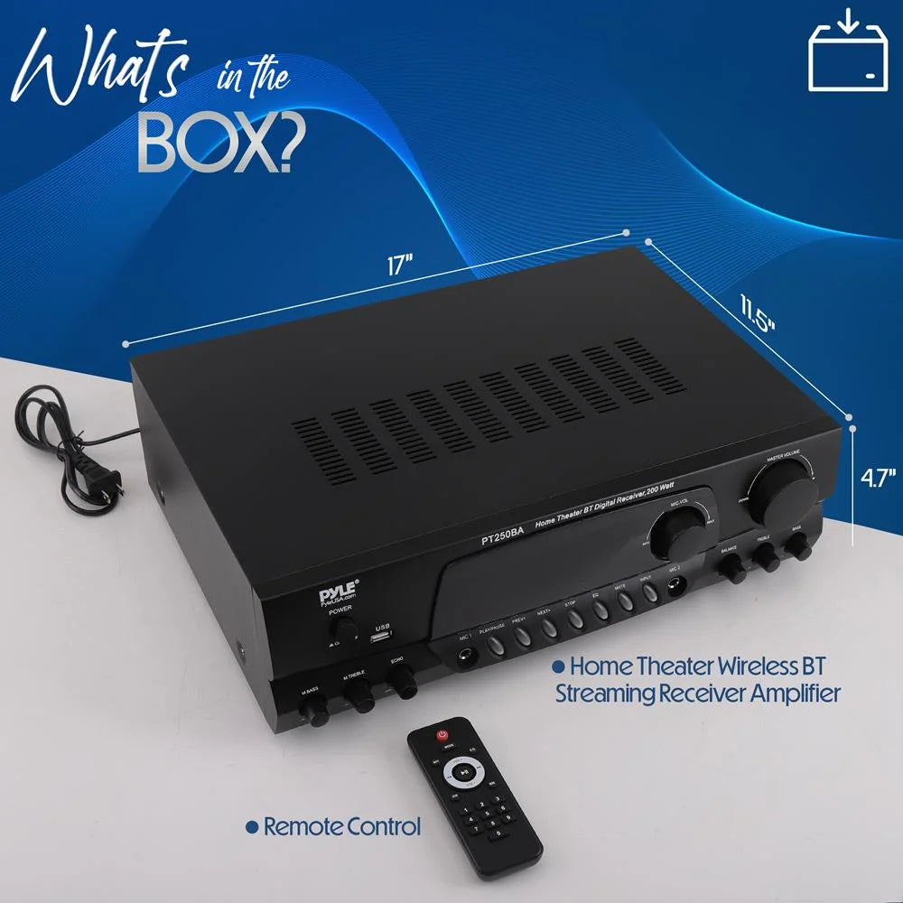 PT250BA Home Theater Wireless Bluetooth Stereo Receiver with Remote Control and FM Antenna