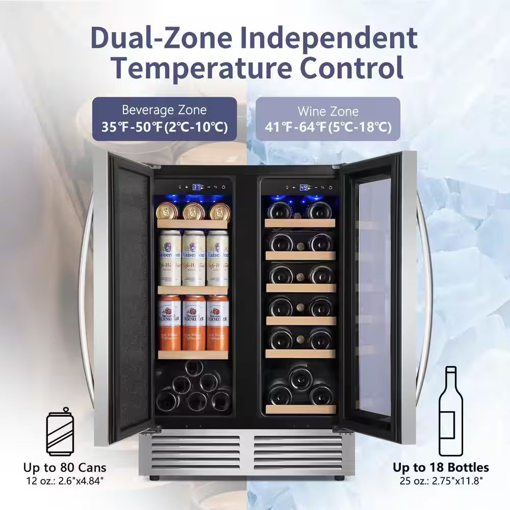 24 In. Built-In Dual Zone 18 Bottle and 80 Can Wine and Beverage Cooler with Four Door Handles Wine Fridge in Silver