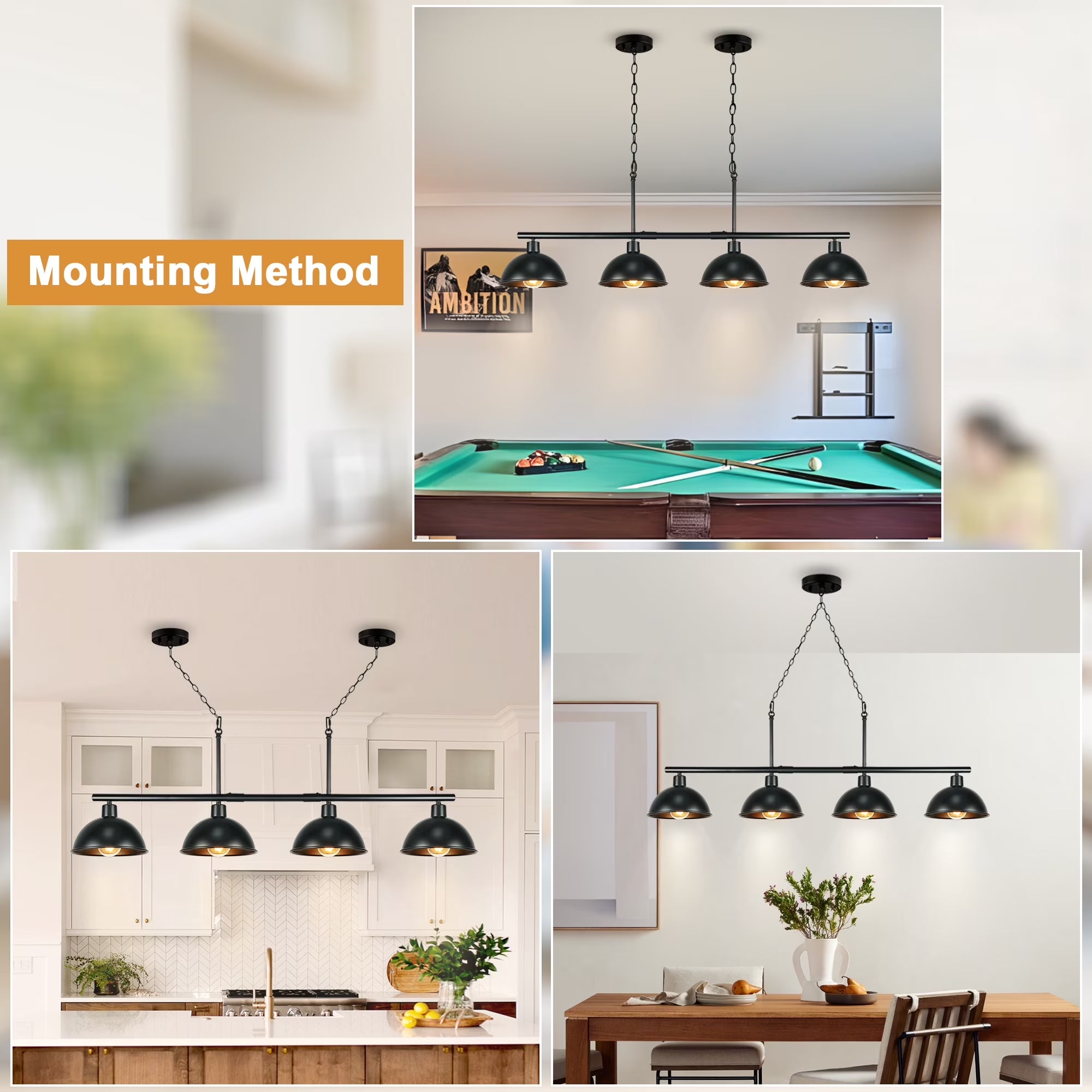 Pool Table Light 4-Lights Billiard Light 46" Pool Table Lights Hanging over Pool Table Kitchen Island Lighting Hanging Light Fixtures Matt Black