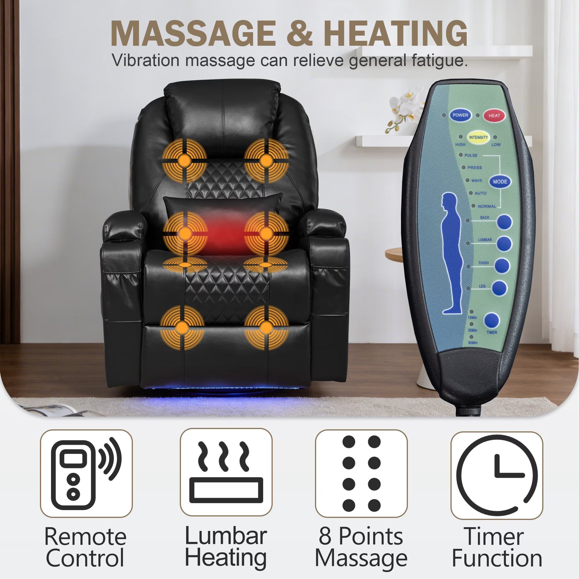 Power Rocker Recliner Chair with Heat and Massage, 240° Swivel Recliner Chair with Lumbar Pillow/Cup Holder/Led Lights/Usb Ports, Black