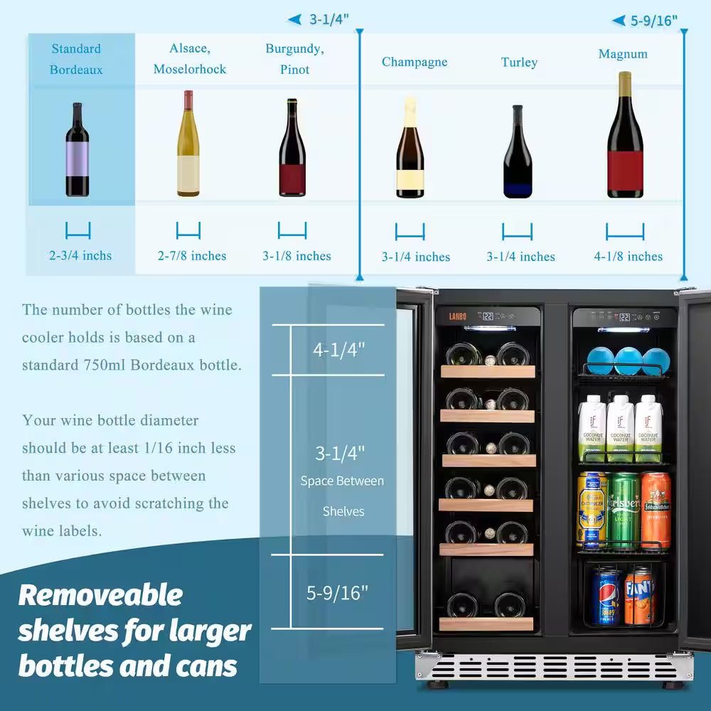 23.4 In. Dual Zone 18-Wine Bottles and 55-Cans with French Door Beverage and Wine Cooler in Stainless Steel
