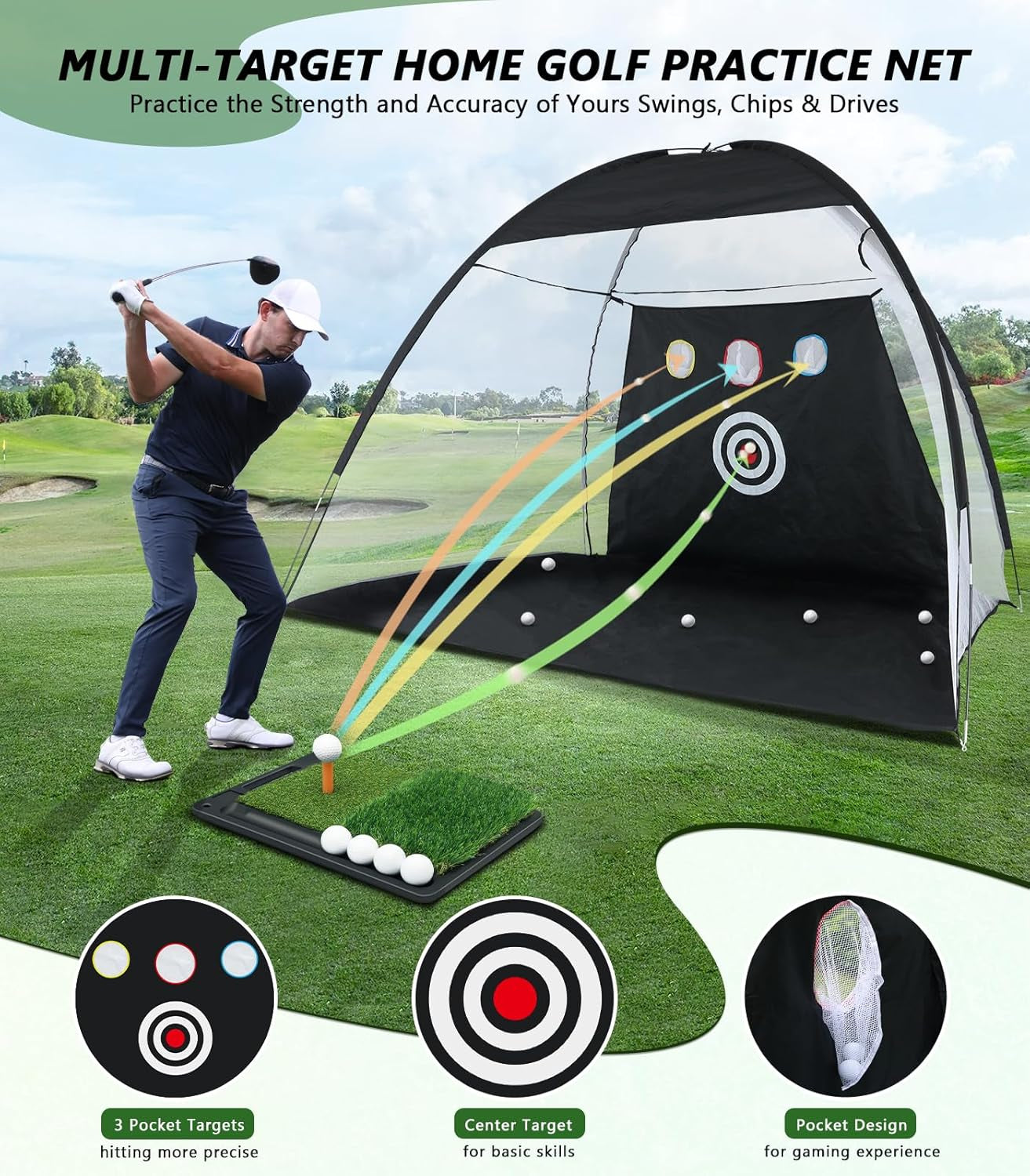 Golf Net: 10X7Ft Golf Hitting Practice Net for Backyard, Indoor or Outdoor Driving Chipping Swing Training and Equip Non-Slip Heavy-Duty Base Hitting Mat, Ideal Gifts for Dad Husband Men Fathers Day
