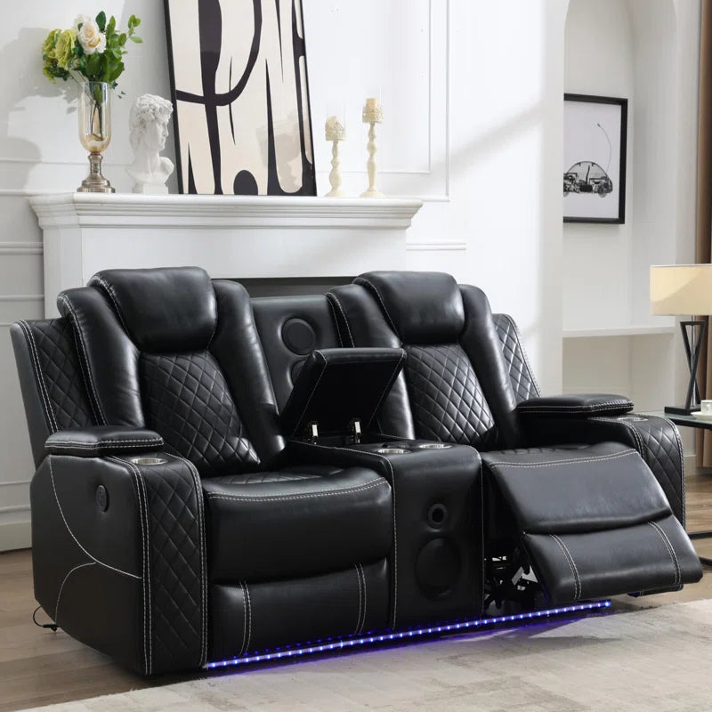 Leather Power Loveseat Recliner Couch with Bass Speakers and LED Lights