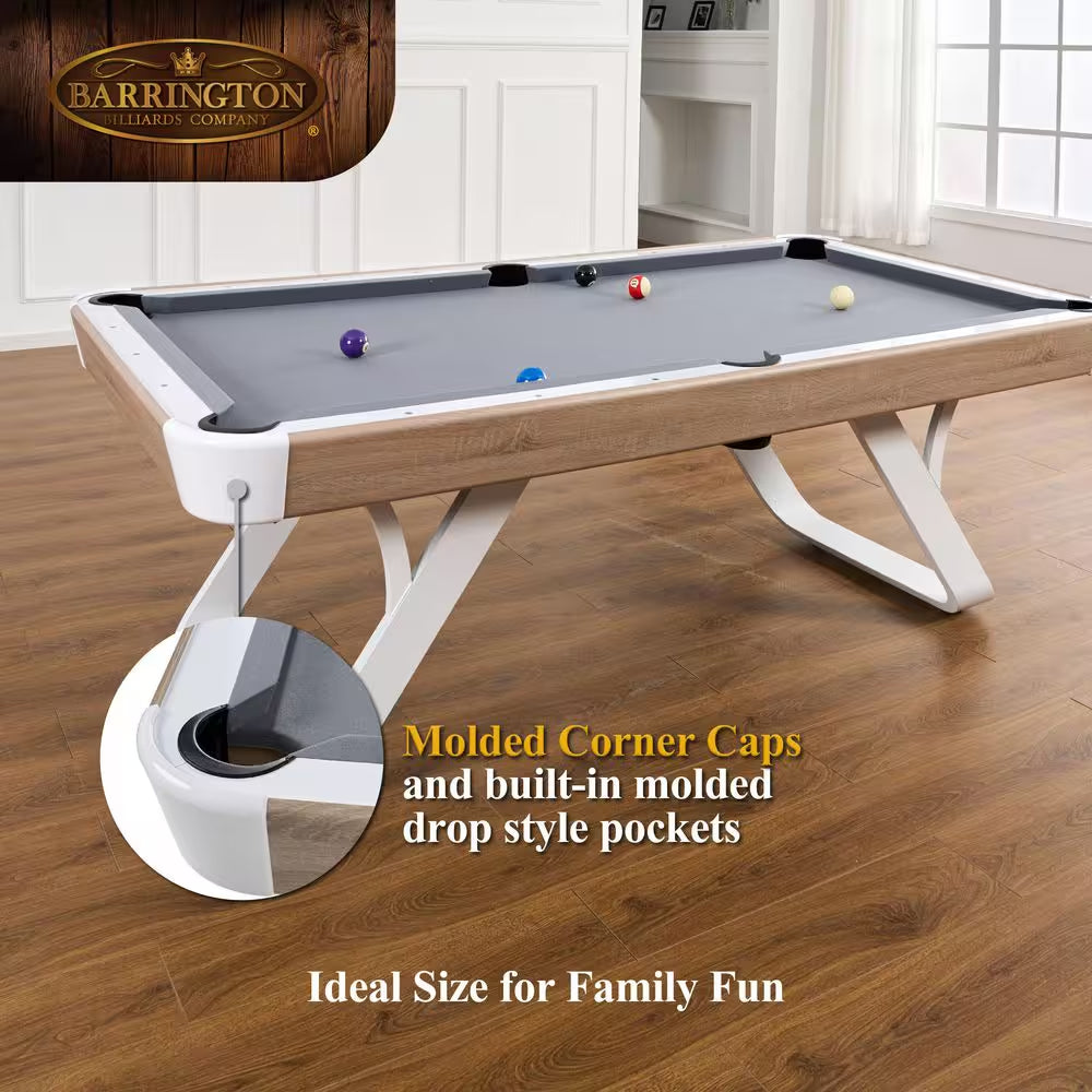 Camden 7 Ft. Pool Table with Modern White Metal Legs, Wood Grain Finish, Velvet Playfield, Complete Accessories Set