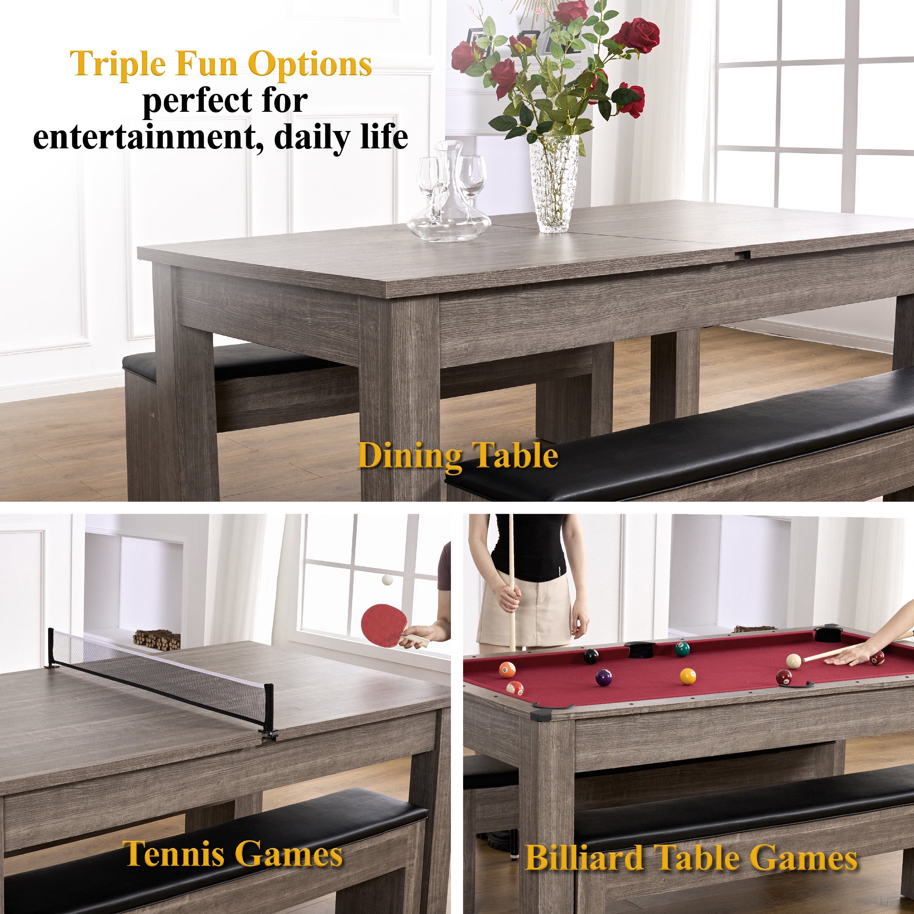 6 Ft 3 in 1 Pool Table with Table Tennis and Dining Table Conversion Top, Includes All Accessories, by