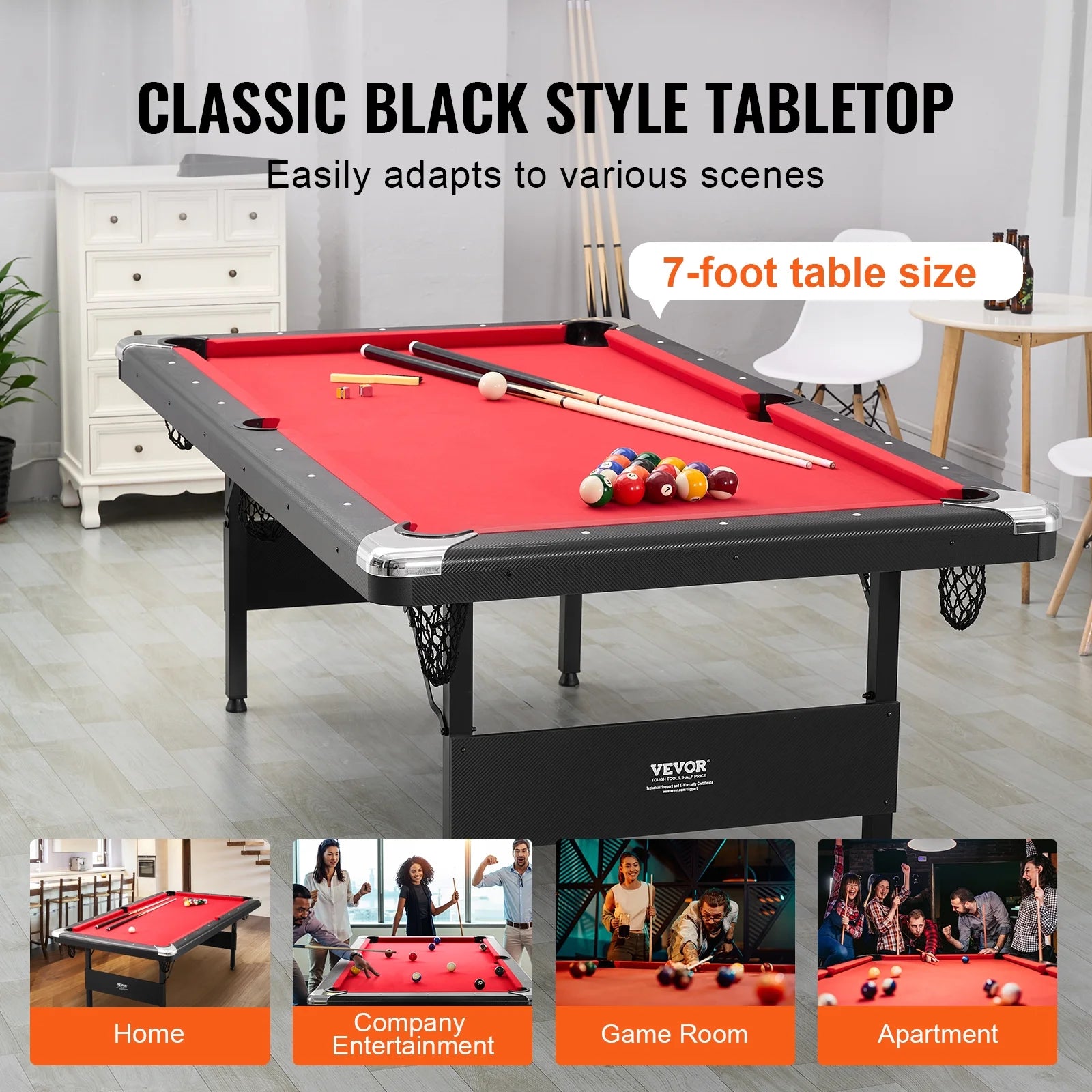 Billiards Table, 7 Ft Pool Table, Portable Foldable Space-Saving Table, Billiard Table Set Includes Balls, Cues, Chalks and Brush, Black with Red Cloth, Perfect for Family Game Room Kids Adults