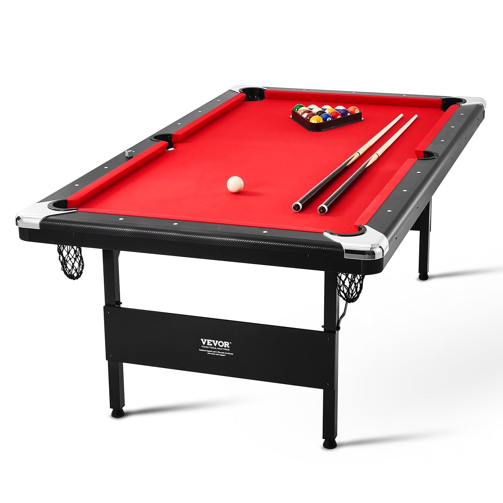 Billiards Table, 7 Ft Pool Table, Portable Foldable Space-Saving Table, Billiard Table Set Includes Balls, Cues, Chalks and Brush, Black with Red Cloth, Perfect for Family Game Room Kids Adults