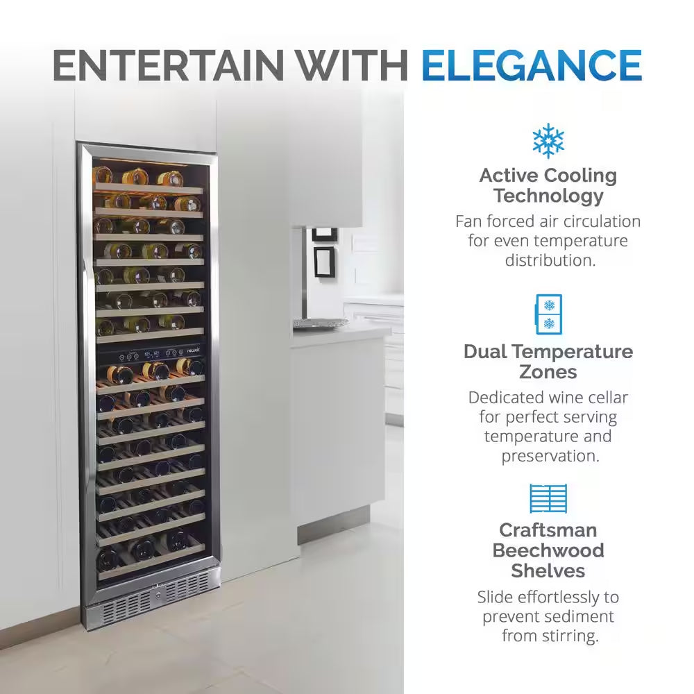 Dual Zone 160-Bottle Built-In Wine Cooler Fridge with Smooth Rolling Shelves and Quiet Operation - Stainless Steel