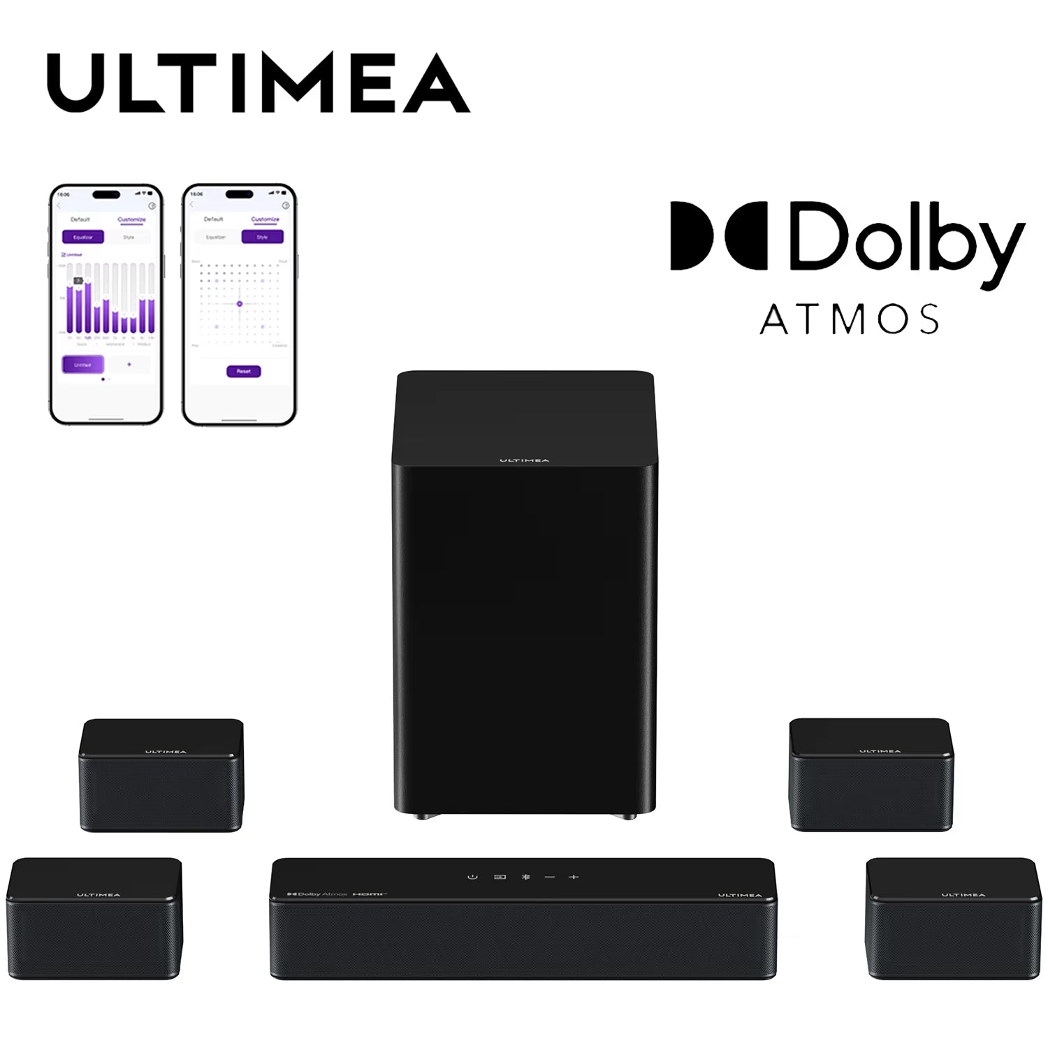 500W 7.1Ch Dolby Atmos Soundbar with Wireless Subwoofer & 4 Surround Speakers, Home Theater System with APP Control