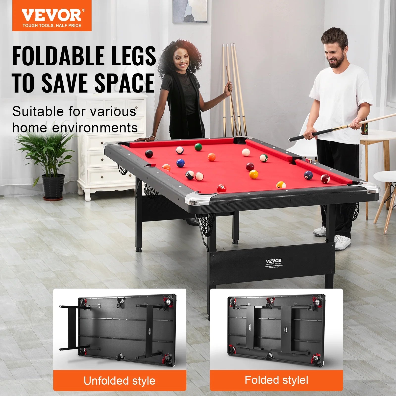 Billiards Table, 7 Ft Pool Table, Portable Foldable Space-Saving Table, Billiard Table Set Includes Balls, Cues, Chalks and Brush, Black with Red Cloth, Perfect for Family Game Room Kids Adults
