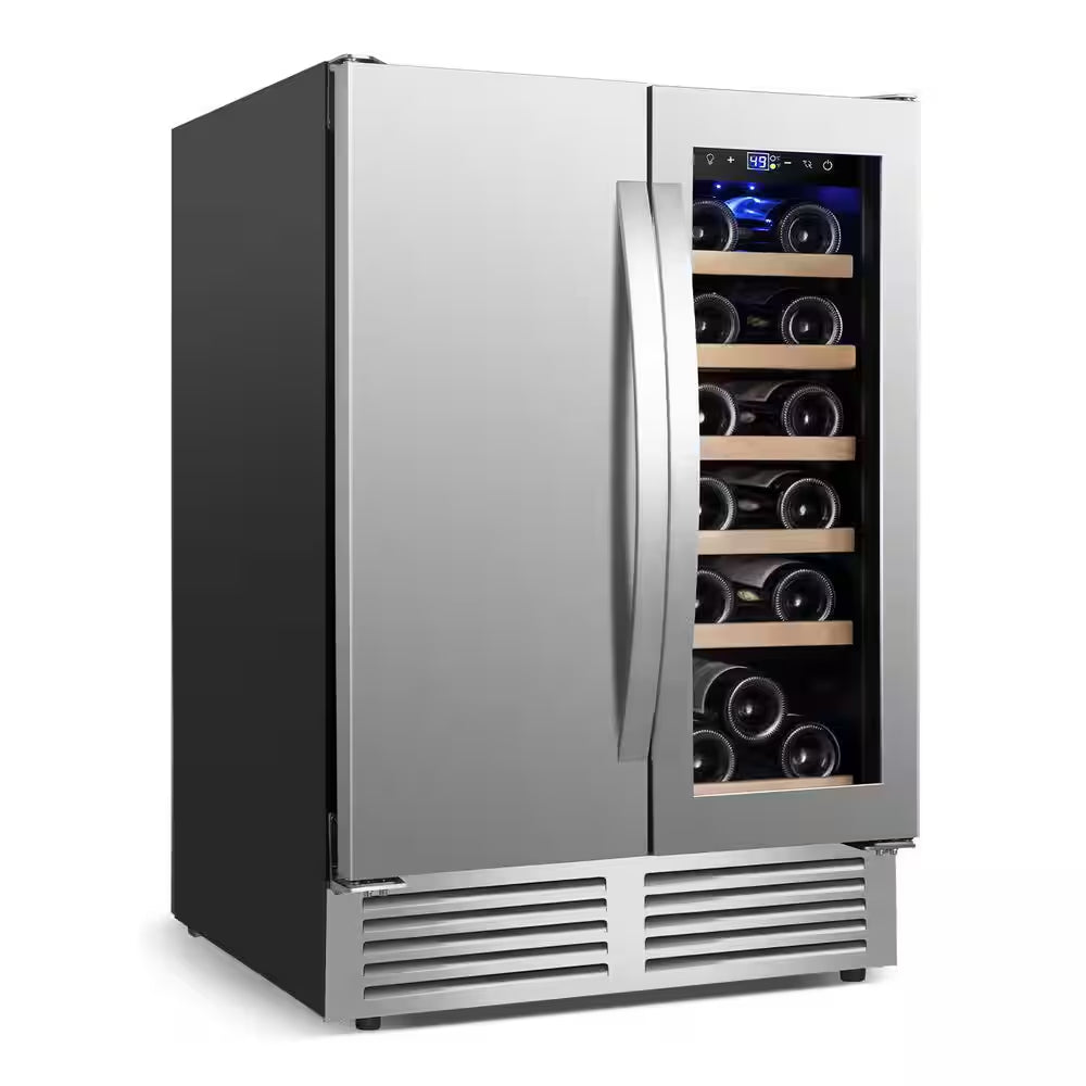 24 In. Built-In Dual Zone 18 Bottle and 80 Can Wine and Beverage Cooler with Four Door Handles Wine Fridge in Silver
