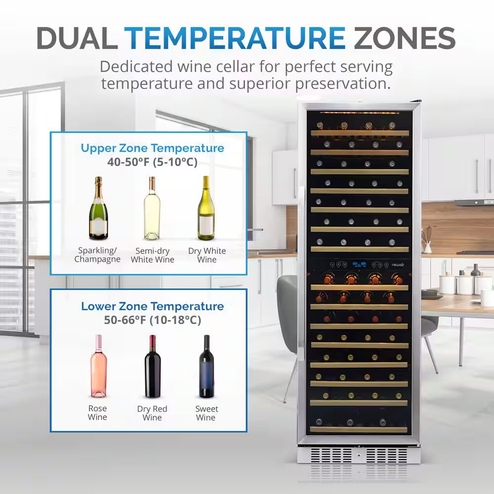 Dual Zone 160-Bottle Built-In Wine Cooler Fridge with Smooth Rolling Shelves and Quiet Operation - Stainless Steel