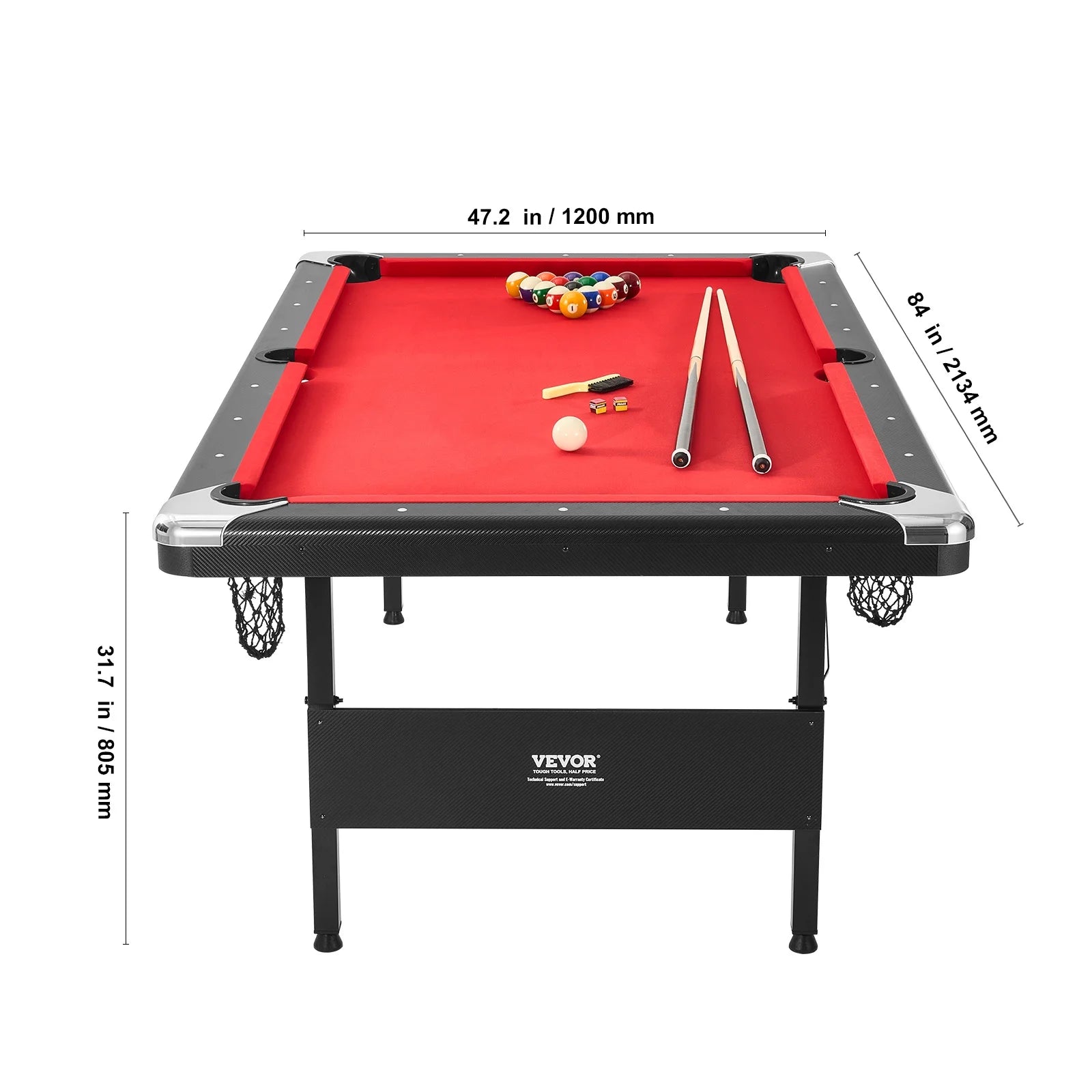 Billiards Table, 7 Ft Pool Table, Portable Foldable Space-Saving Table, Billiard Table Set Includes Balls, Cues, Chalks and Brush, Black with Red Cloth, Perfect for Family Game Room Kids Adults