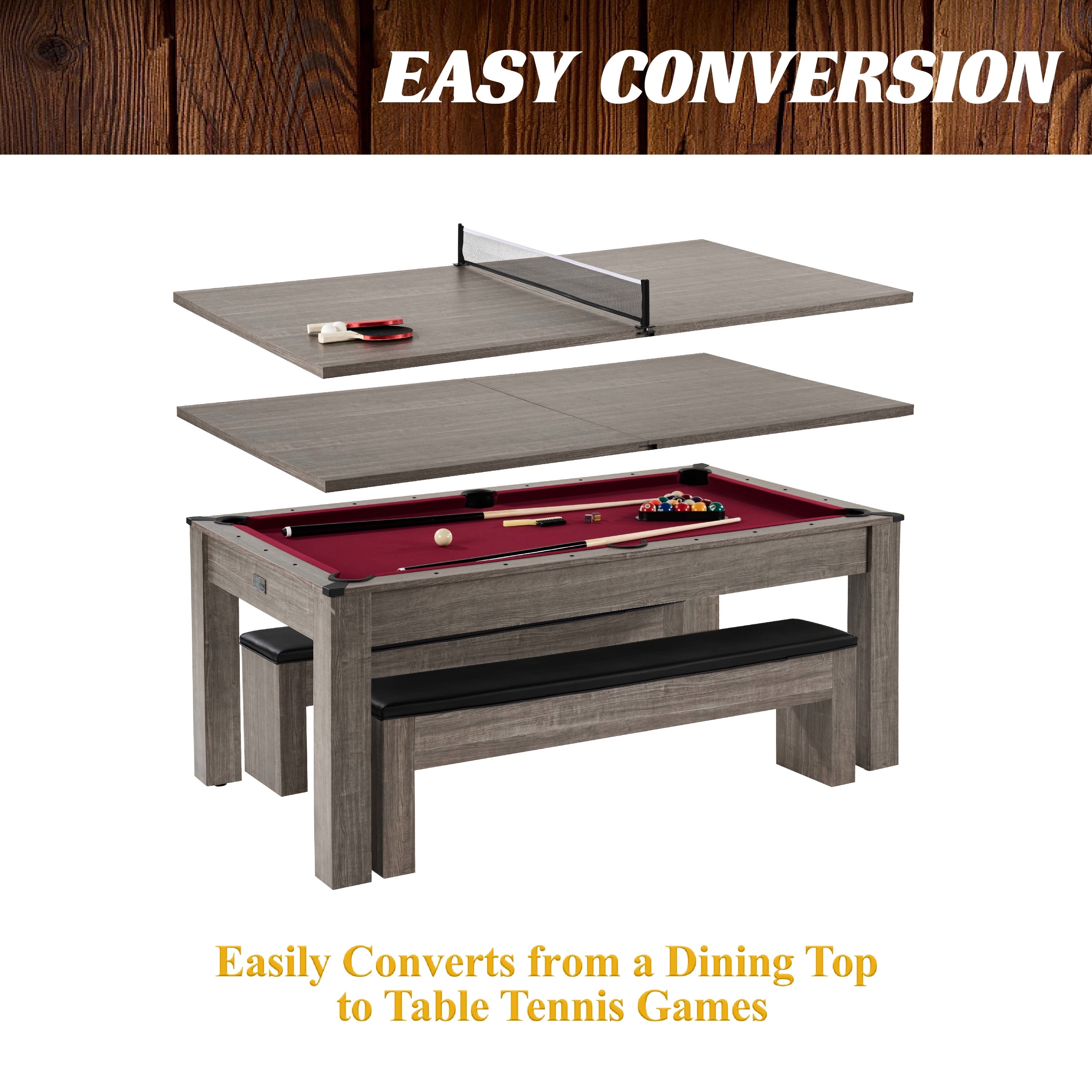 6 Ft 3 in 1 Pool Table with Table Tennis and Dining Table Conversion Top, Includes All Accessories, by