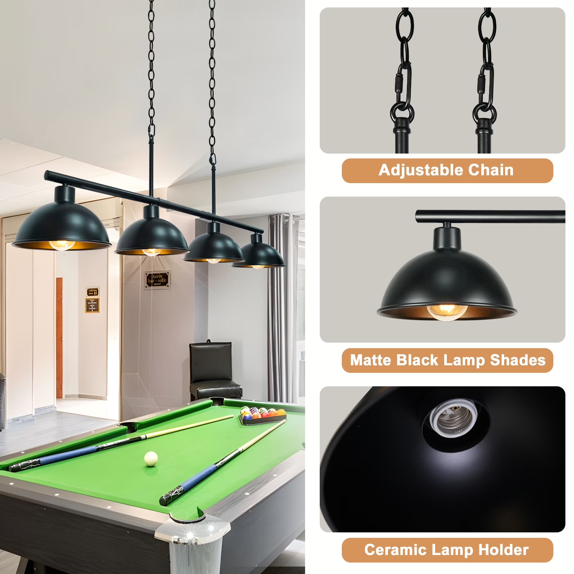 Pool Table Light 4-Lights Billiard Light 46" Pool Table Lights Hanging over Pool Table Kitchen Island Lighting Hanging Light Fixtures Matt Black