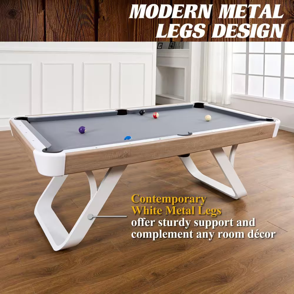 Camden 7 Ft. Pool Table with Modern White Metal Legs, Wood Grain Finish, Velvet Playfield, Complete Accessories Set