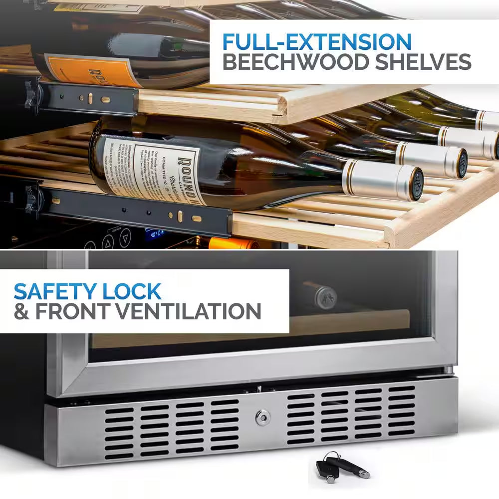 Dual Zone 160-Bottle Built-In Wine Cooler Fridge with Smooth Rolling Shelves and Quiet Operation - Stainless Steel
