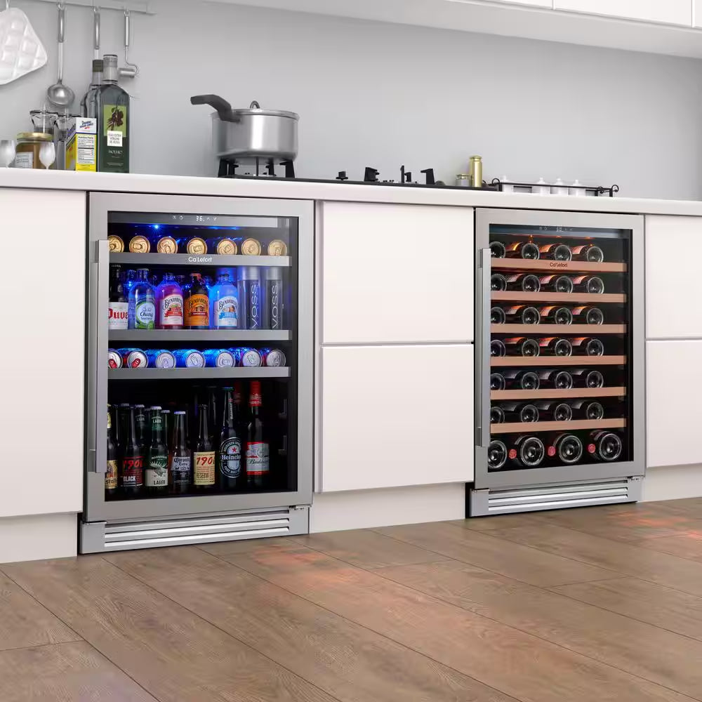 48 In. Dual Zone 54-Wine Bottles & 220-Cans Beverage & Wine Cooler Side-By-Side Built-In Refrigerator in Stainless Steel