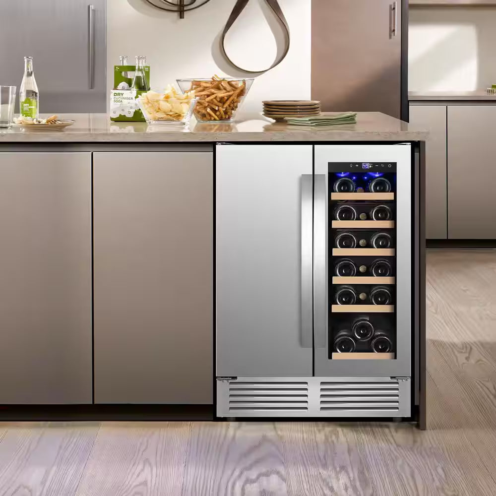 24 In. Built-In Dual Zone 18 Bottle and 80 Can Wine and Beverage Cooler with Four Door Handles Wine Fridge in Silver