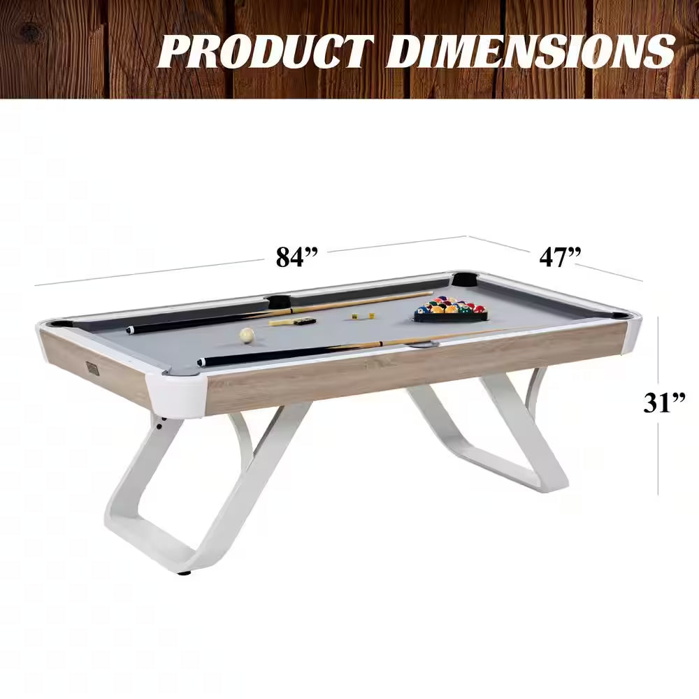 Camden 7 Ft. Pool Table with Modern White Metal Legs, Wood Grain Finish, Velvet Playfield, Complete Accessories Set