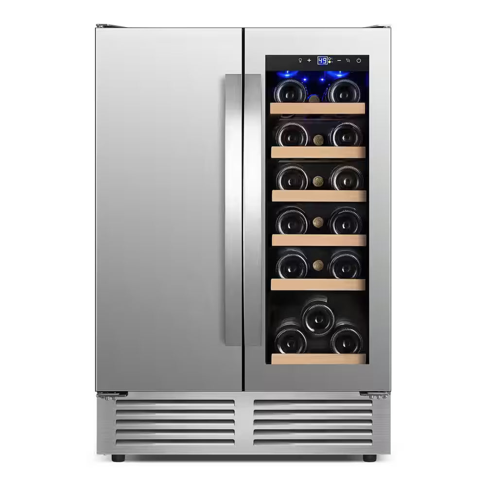 24 In. Built-In Dual Zone 18 Bottle and 80 Can Wine and Beverage Cooler with Four Door Handles Wine Fridge in Silver