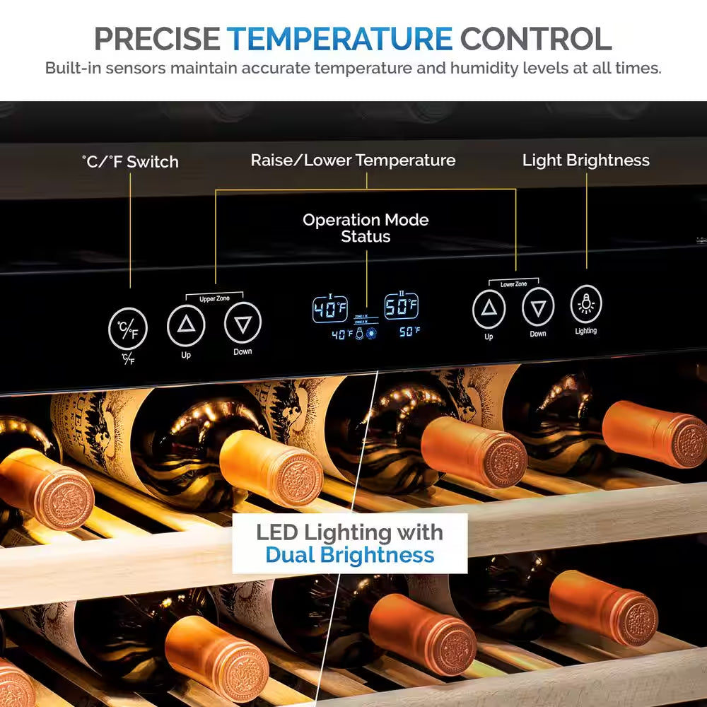Dual Zone 160-Bottle Built-In Wine Cooler Fridge with Smooth Rolling Shelves and Quiet Operation - Stainless Steel