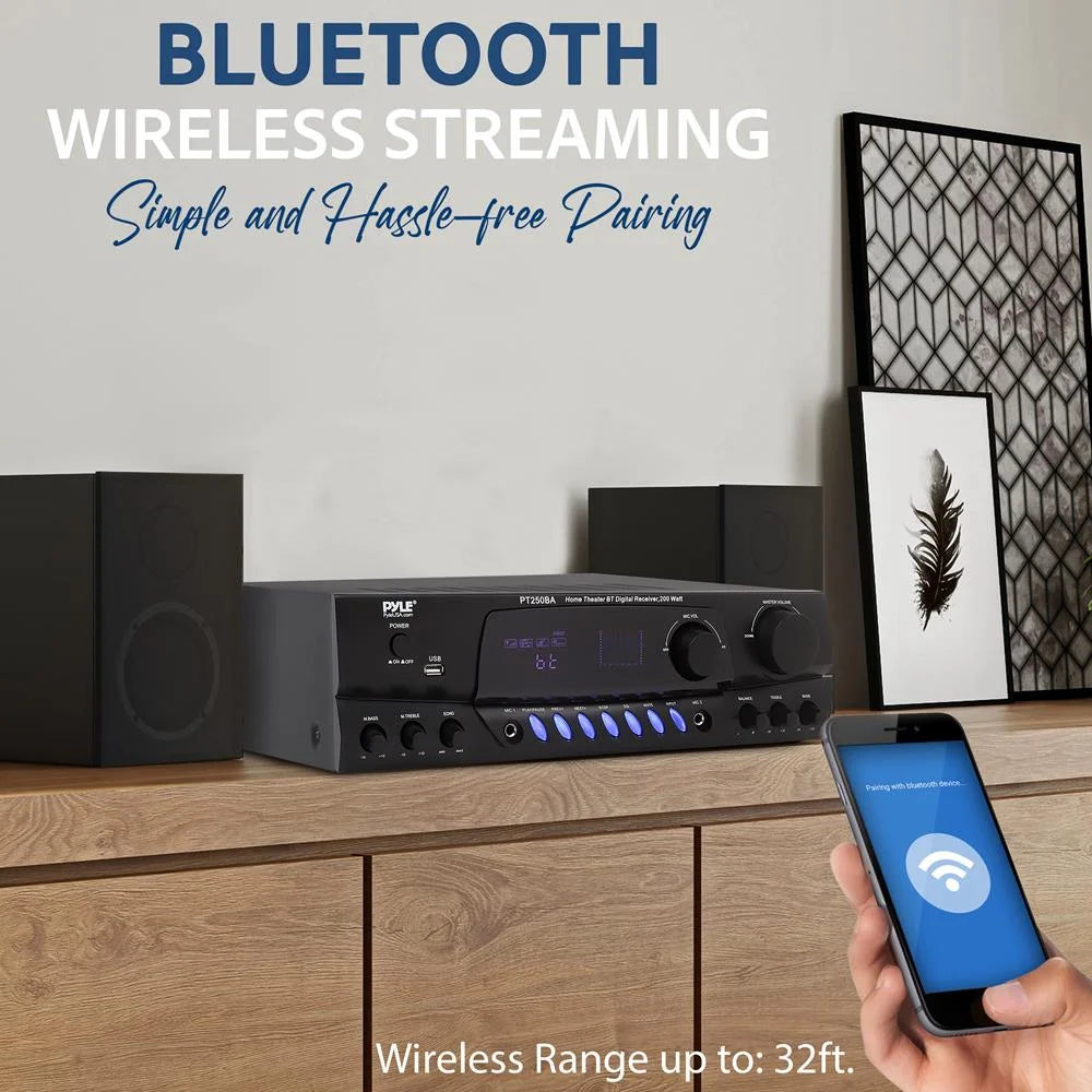 PT250BA Home Theater Wireless Bluetooth Stereo Receiver with Remote Control and FM Antenna