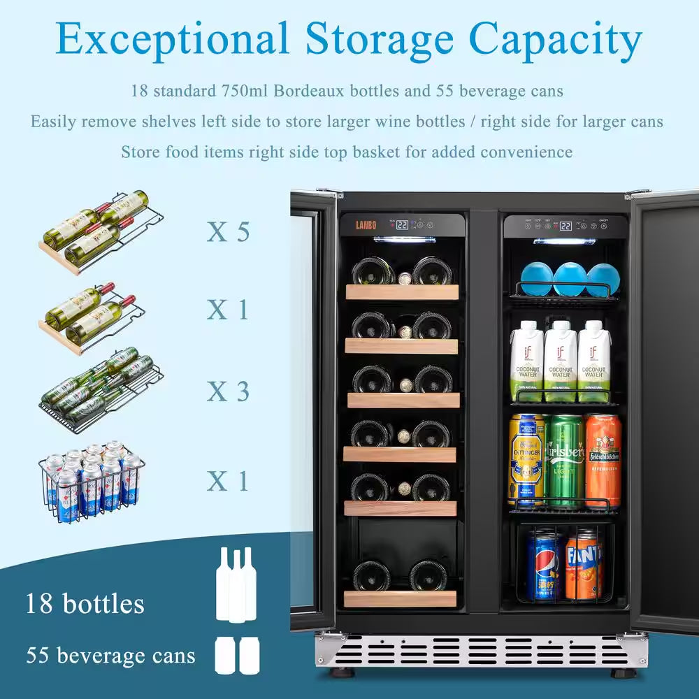 23.4 In. Dual Zone 18-Wine Bottles and 55-Cans with French Door Beverage and Wine Cooler in Stainless Steel