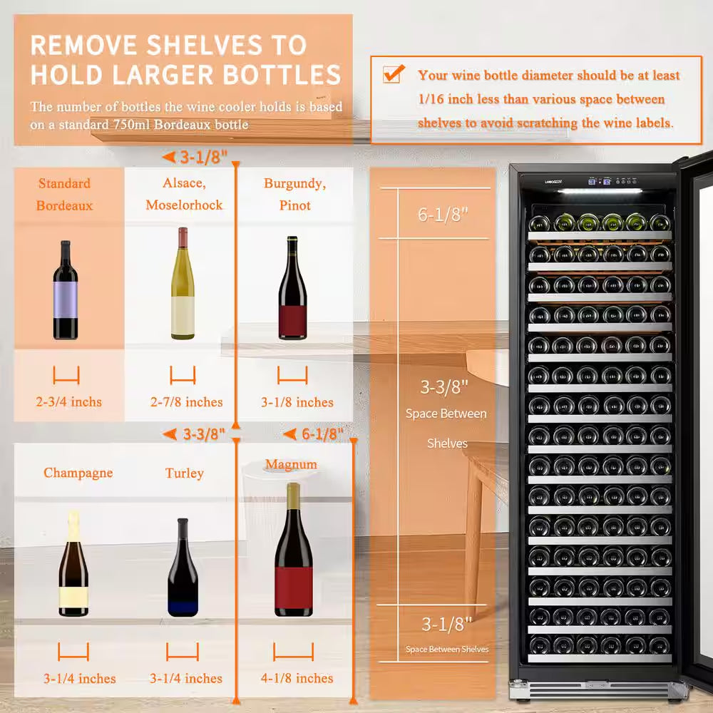 164 Bottle Seamless Stainless Steel Single Zone Wine Refrigerator