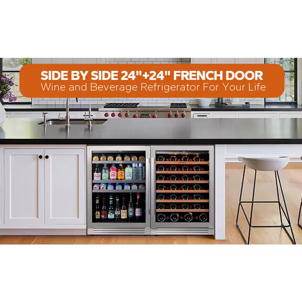 48 In. Dual Zone 54-Wine Bottles & 220-Cans Beverage & Wine Cooler Side-By-Side Built-In Refrigerator in Stainless Steel