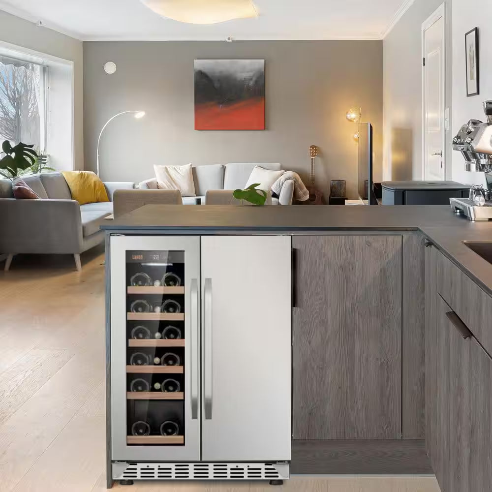 23.4 In. Dual Zone 18-Wine Bottles and 55-Cans with French Door Beverage and Wine Cooler in Stainless Steel