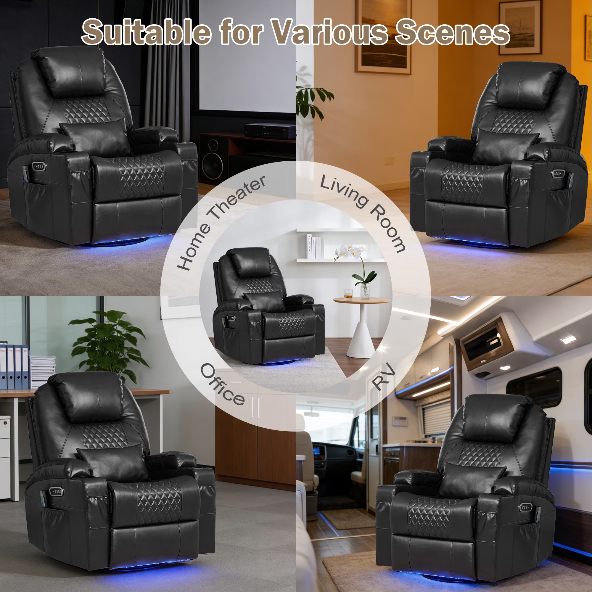Power Rocker Recliner Chair with Heat and Massage, 240° Swivel Recliner Chair with Lumbar Pillow/Cup Holder/Led Lights/Usb Ports, Black